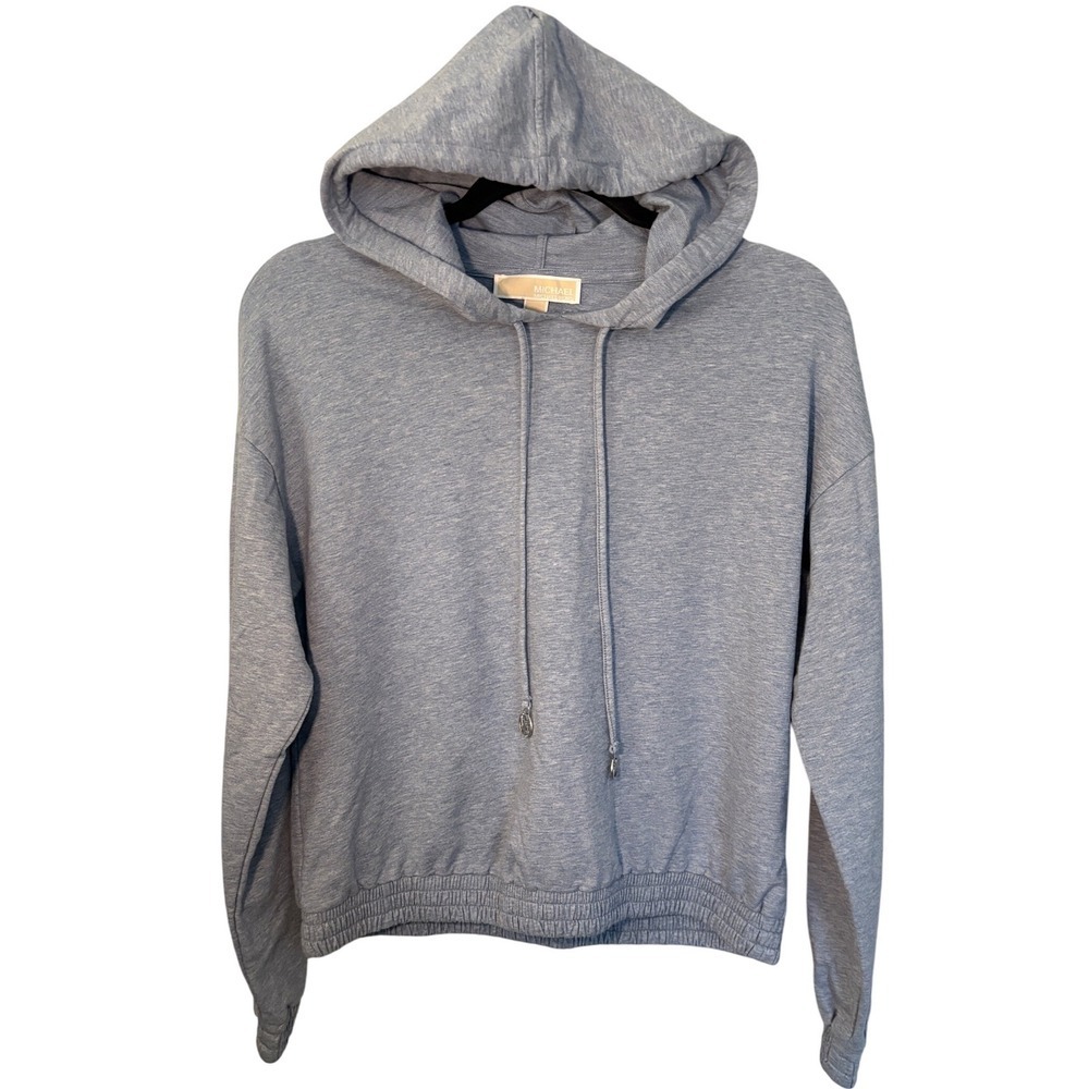 Michael Kors Womens Chambray Hoodie Cropped Top Drawstring Elastic Hem Size M